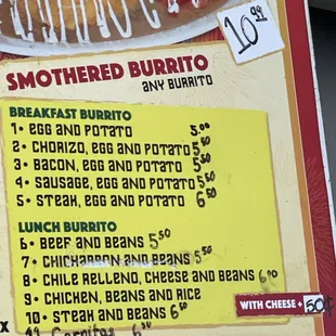 Burrito menu