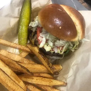 a hamburger and fries