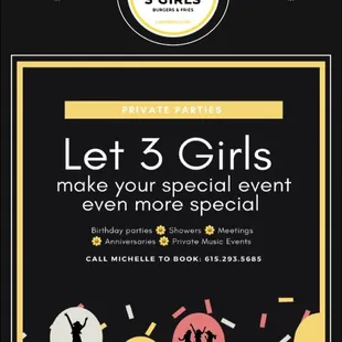 a poster for the 3 girls burgers and fries event