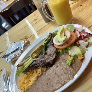 Grilled Beef, Rice, Beans and Salad
