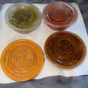 Salsas - in clockwise order, least to most spicy starting at green with the least