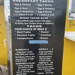 Menu updated CASH ONLY -  Egg &amp; Chorizo Taco Egg &amp; Bacon Taco Egg &amp; Potatoes Taco Egg &amp; Beans Taco