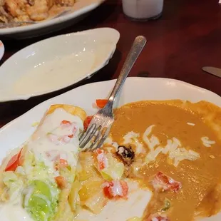 Beef chimichangas, aroz trio, and horchata