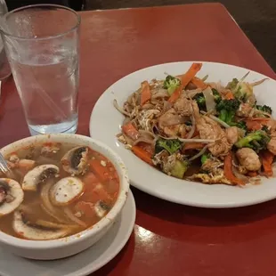 Pad sew-eew noodles medium spice and tom yum soup medium spice without the cilantro.  Excellent flavor and good portion sizes.