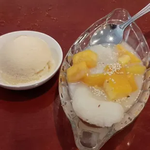 Mango sticky rice with vanilla ice cream.