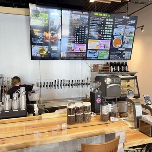 The main counter. Lots of coffee directly on tap.