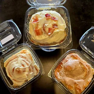 cinnamon roll, maple bacon roll and raspberry cheese cake roll (seasonal)