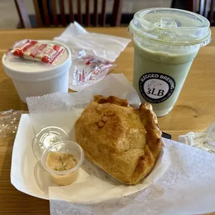 Iced Matcha Latte, and the combo of today's soup and empanada.