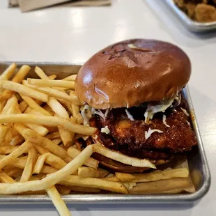 a chicken sandwich and french fries