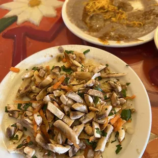 Mushroom salad and bean dip