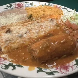 Combination plate with a smothered bean burrito and a crispy rellano.