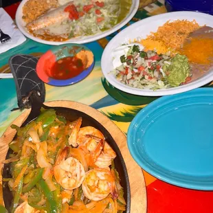 Enchiladas Divorciadas up top + shrimp fajitas