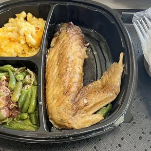 Turkey wing, mac and cheese, green beans, rice and gravy