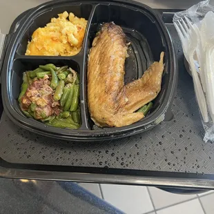 turkey wing, mac and cheese, rice and gravy , green beans