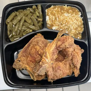 One Meat 2 Sides, Fried Porkchop, Rice &amp; Gravy, &amp; Green Beans