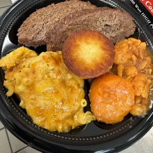 Meat Loaf w/o Gravy, Mac &amp; Cheese, Yams &amp; Corn Muffin