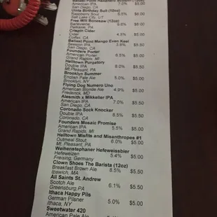 Beer list of what's on tap.