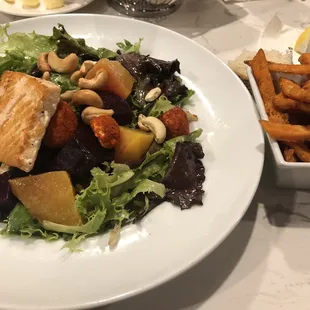 Beet and goat cheese salad with salmon and sweet potato fries!