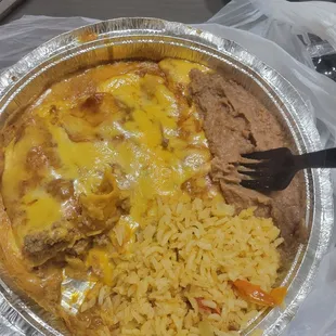 Beef enchiladas, rice and beans