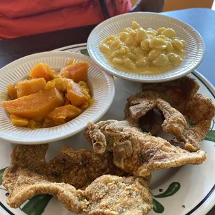 Fried pork chops Mac and cheese and yams