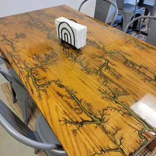 a wooden table with metal chairs