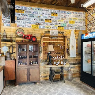 Canned items and cool wall with plates from different states
