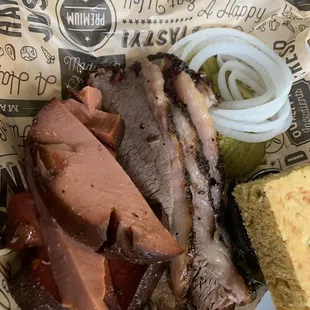 Smoked Bologna, Sliced Brisket and Jalapeño Cornbread