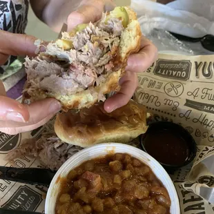 Loaded Pulled Pork Sandwich and Baked Beans