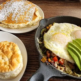 Red rooster skillet and "mini" pancakes