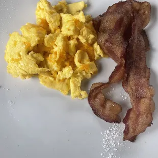 Bacon cooked medium &amp; Scrambled eggs with cheddar.