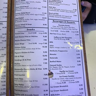 Salads, snacks, beverages &amp; dessert menu