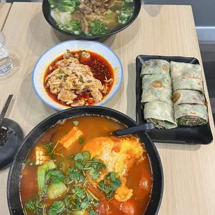 Beef Rib Meat Tendon Noodle in Bone Broth, Tomato Fried Egg Plain Noodle soup, Beef roll, Chicken in Chili oil