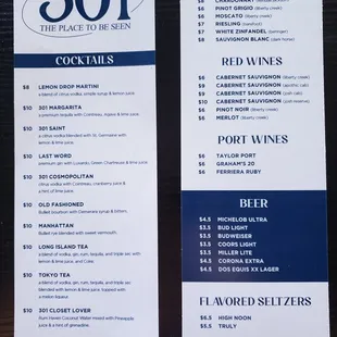 the menu for the white wines cocktails