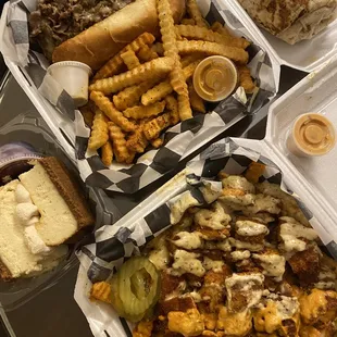 green chile burrito, philly cheesesteak, crackin' fried chicken fries, cheesecake sandwich