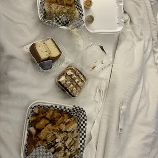 Burrito, cheesecake, tiramisu and chicken fries