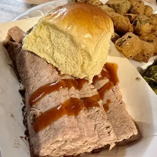 Thursday Brisket, fried okra, and turnip greens