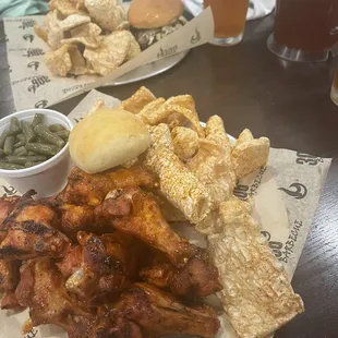 Wings, pork skins and green beans