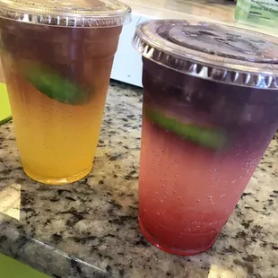 Pineapple (left) and strawberry (right) before mixing. Pretty drinks!