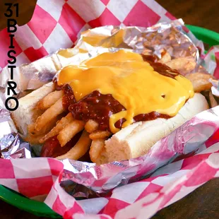 a chili cheese dog with french fries