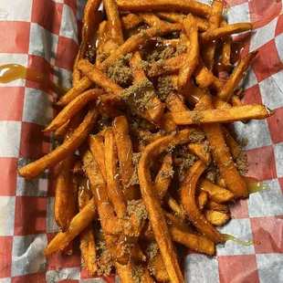 Sweet Potato Fries with brown sugar and caramel sauce