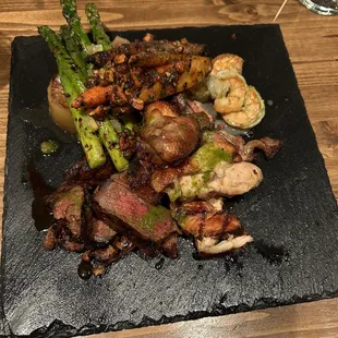 Dinner on a slate! This serving method allowed me to bogart all of the veggies while my husband made off with the shrimp.