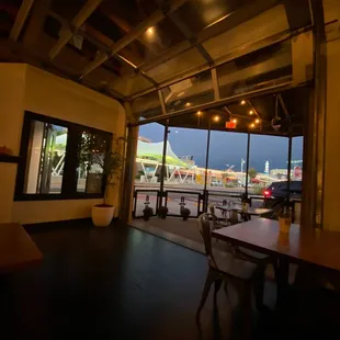 View of the park on through the open garage door