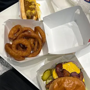 Bacon Cheeseburger, Onion Rings, and Coney Dog