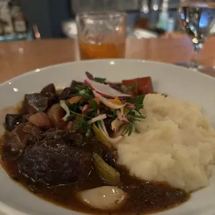 Beef bourguignon, mashed potatoes.