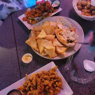 Gator bites, seafood dip, buffalo shrimp