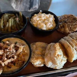 Mac and Cheese, Green Beans, Creamed Corn, Buttermilk Biscuits, and Espresso Chocolate Chip Cookie
