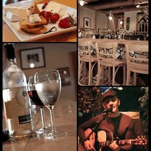 a man playing a guitar and a glass of wine