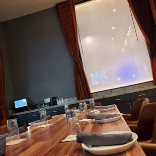 a long table with place settings