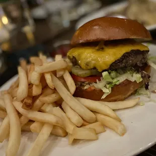 a hamburger and french fries on a plate