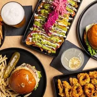 a variety of burgers and fries